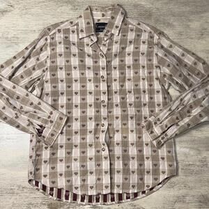 EUC Vintage Tan Burgundy Gingham Plaid Button Down Heart Shirt Size Petite Med